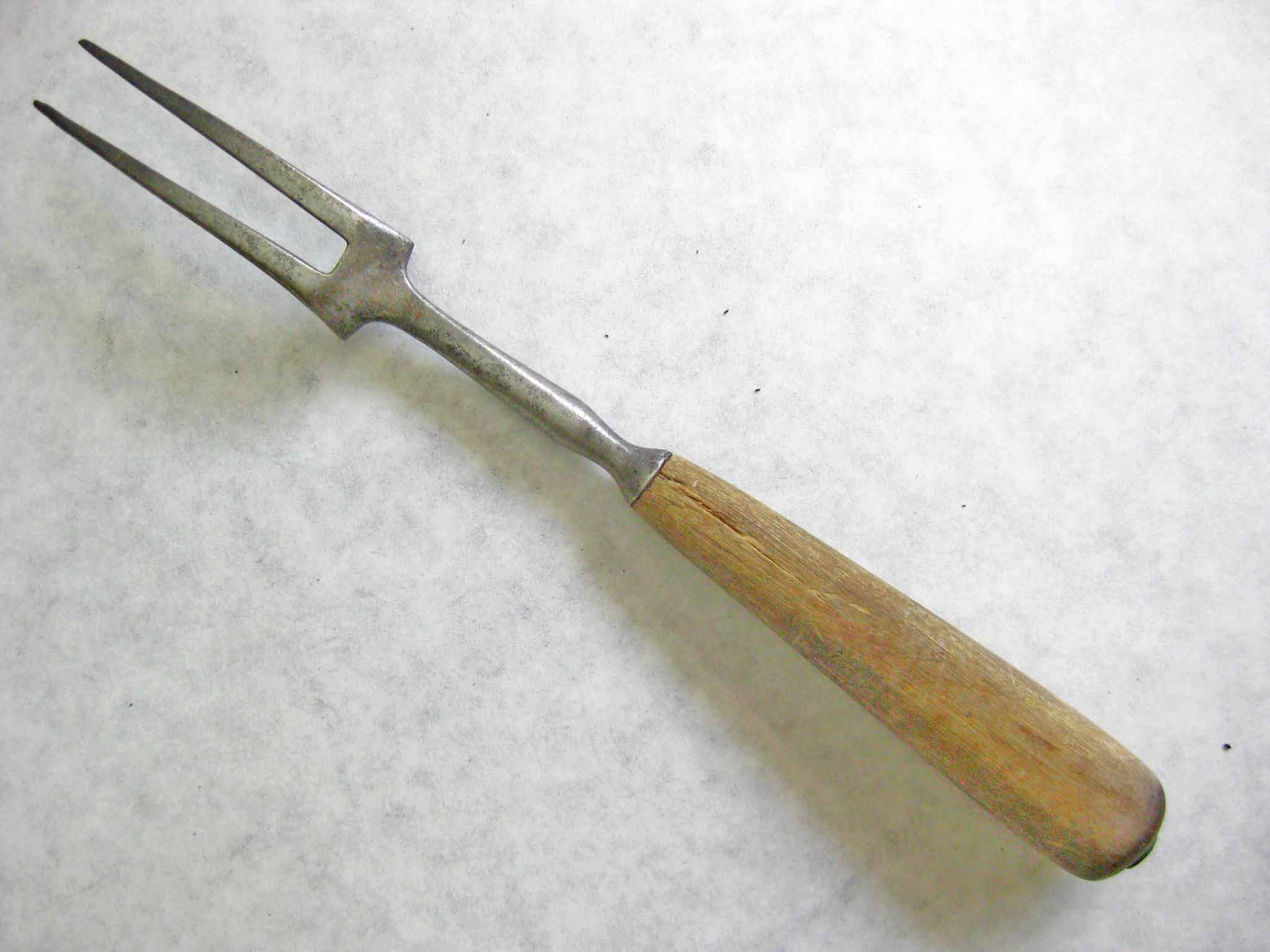 2 Antique 6 1/2" 2 Prong Pewter Forks with wood handles antique